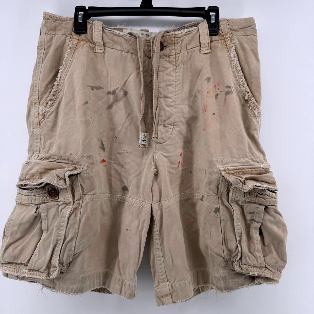 Vtg Abercrombie & Fitch Cargo Shorts 34 Khaki Distressed Paint Splatter Thrashed